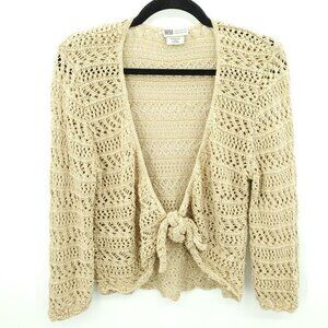 VTG 2000s Faded Glory Crochet Knit Tie Front Cardigan Sweater L Tan